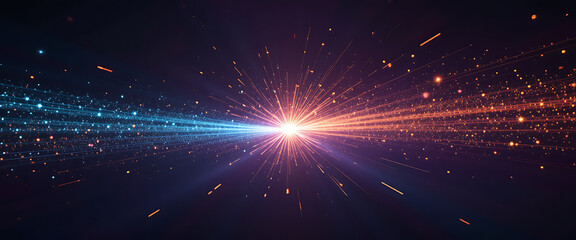 abstract two lines from opposite side produce quantum lights with warm colors rays in the middle in dark purple background, tine particles spreading across the horizon clock wise style, dark and light