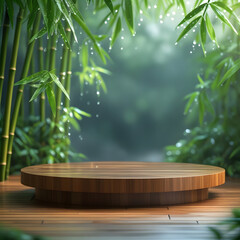 Round woodenfloor  for product display with and background have bamboo leaves after raining 