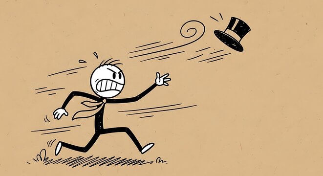 Cartoon stick figure frantically chases his runaway hat in windy conditions