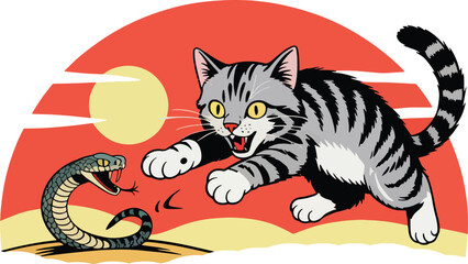 playful cat with snake illustration premium quality