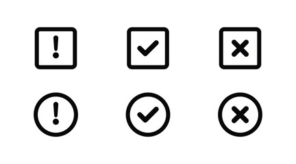 Set of Warning, Check, and Cross Icons in Black and White - Modern Vector Symbols
