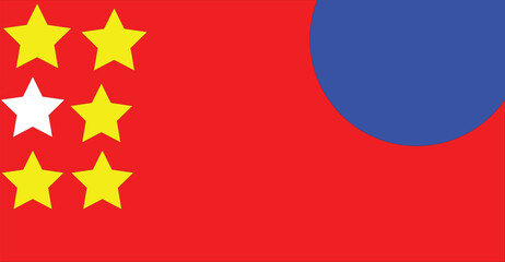 A stylized graphic with yellow stars and a blue circle on a red background.