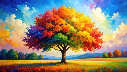 Rainbow Tree: Vibrant Autumn Landscape Painting