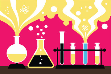 Colorful Chemistry Laboratory Glassware Vector Illustration with Chemical Reactions