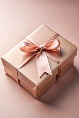 Obraz premium A beautifully wrapped gift box with a rose gold ribbon sits on a matching surface
