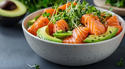 Delicious Bowl of Salmon and Avocado Salad with Fresh Ingredients and Colors
