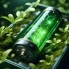 green glowing battery closeup in nature ecology