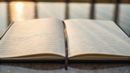 An open book rests on a reflective surface, with soft light illuminating its pages, creating a serene atmosphere.
