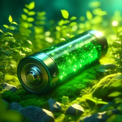 green glowing battery closeup in nature ecology