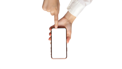 Finger touching smartphone screen isolated on a transparent background hand holding