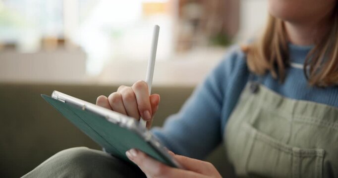 Hands, pen and tablet with woman student in dorm on campus for college or university assignment. Education, stylus and writing with person learning in apartment for future, planning or school study