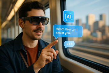 Adult male wearing augmented reality glasses interacting with holographic AI interface train during modern city commute