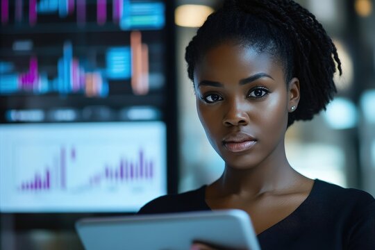 Young adult Black woman holding tablet in office with data screens