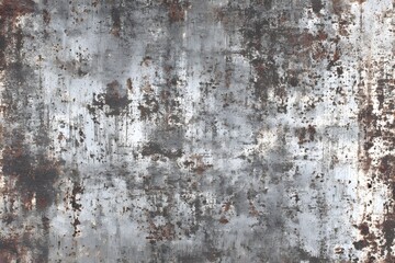 The photo features a distressed, rusted metal surface with flaking paint and layered corrosion,...