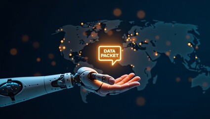 Data Handoff Hand passing a glowing Data Packet icon to a robotic hand over a network diagram.