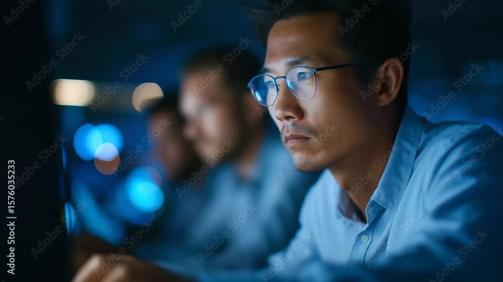 Aufkleber dedicated asian software engineers collaborate on ai solutions during a late-night coding session.