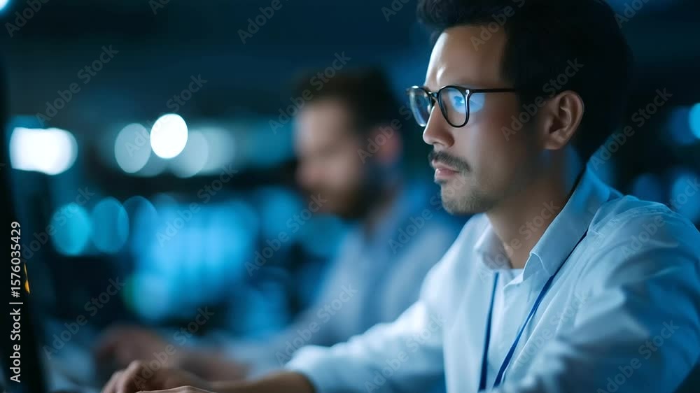 Poster team of software engineers working late into the night on cutting-edge ai technology.