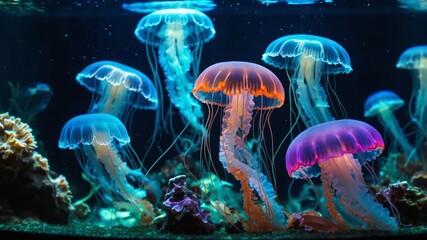Glowing jellyfish swimming underwater in dark aquarium exhibit
