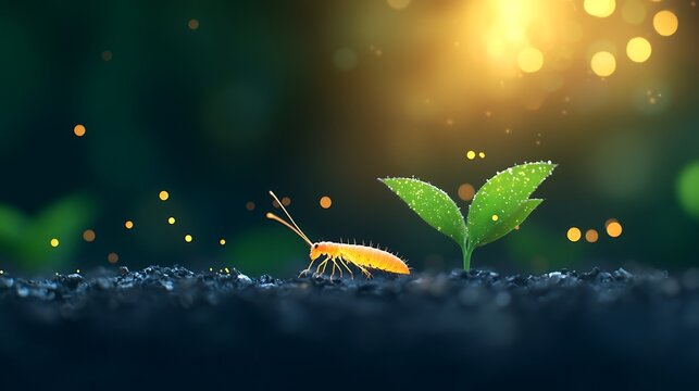 Tiny springtail insect explores a new seedling under warm golden sunlight