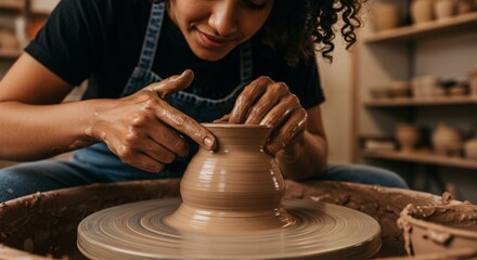 Hands Shaping Clay on Pottery Wheel in Studio