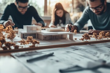 Architects collaborating on modern building design with architectural model