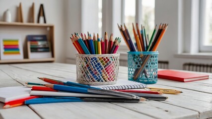 Colored pencils resting in baskets on white desk ready for creative inspiration