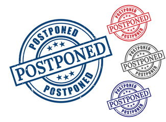 Postponed Grunge Rubber Stamp Collection, Delay Reschedule Vector Set  
