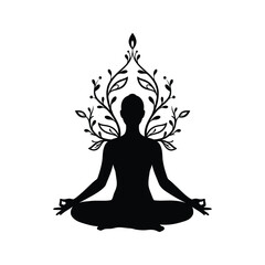 Silhouette of a Person in Lotus Yoga Position with Floral Ornament Meditation Wellness Spiritual Nature