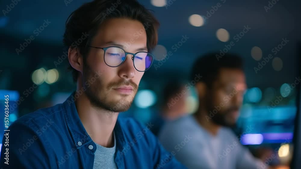 Poster asian software engineers working on ai projects in a dimly lit office during late hours.