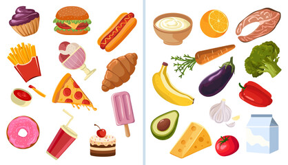 Healthy and unhealthy eating. Fast food and sweets vs healthy organic food set. Vector illustration isolated on white background