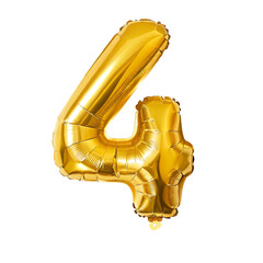 Golden number 4 light years, isolated balloon on transparent background. Foil helium balloon in PNG format.