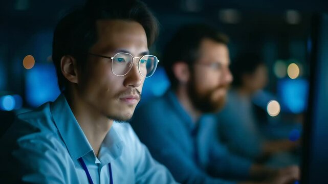 Software engineers tackle complex AI algorithm challenges during a late-night coding session.
