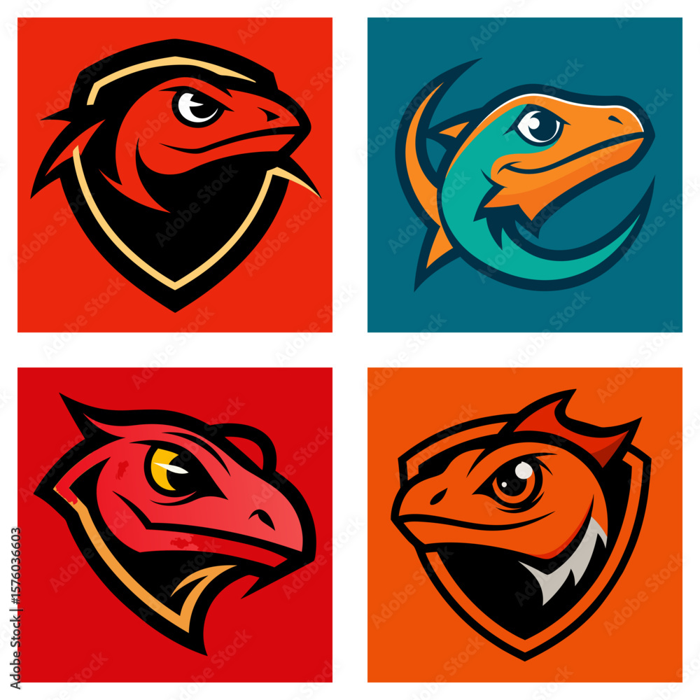 Poster collection of four lizard head logos in different colors and styles on square backgrounds