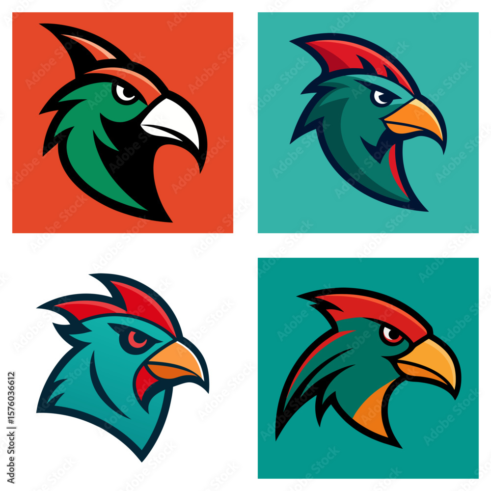 Poster four stylized bird head logos in different color schemes arranged in a square format illustration