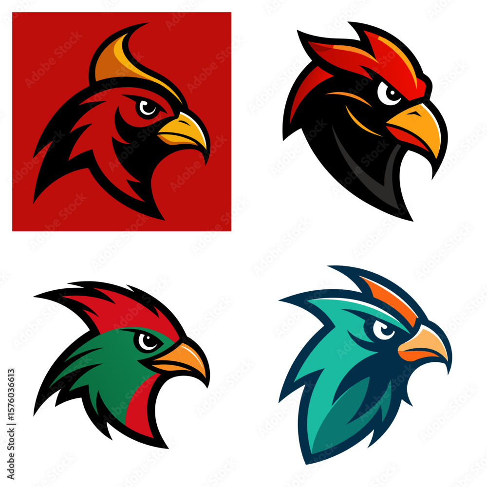 Poster four cardinal bird head logos displayed in a grid with different color schemes and background colors