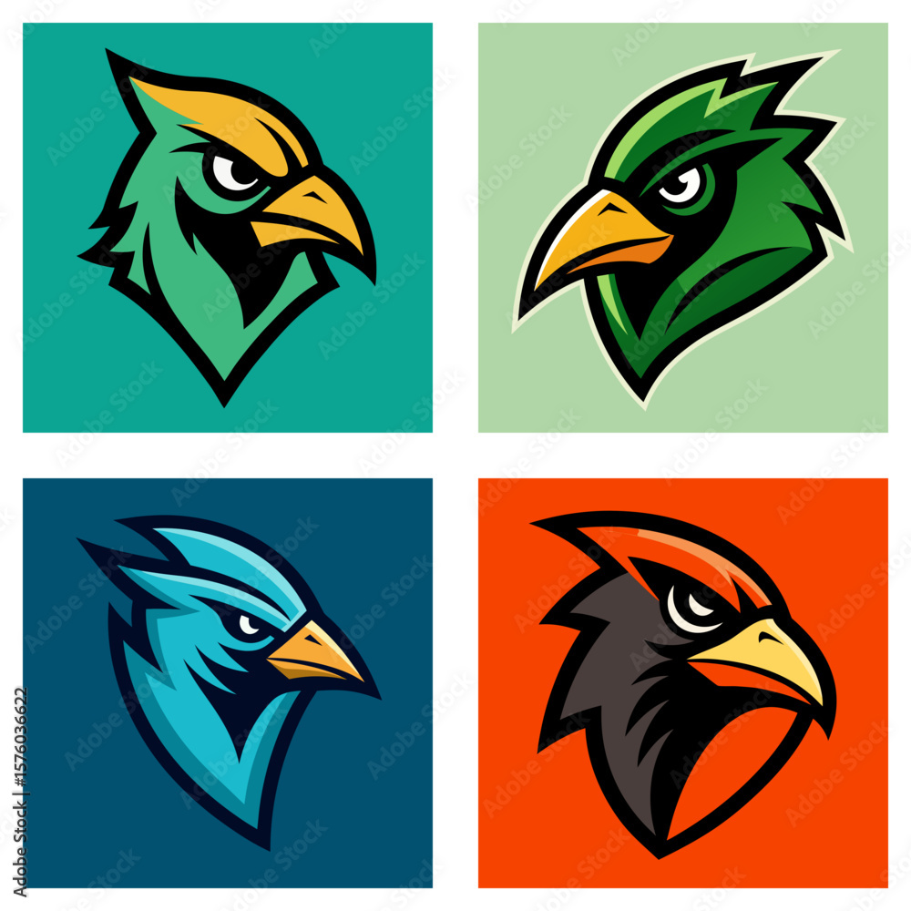 Poster four square images of stylized bird heads in various colors with sharp beaks and intense eyes