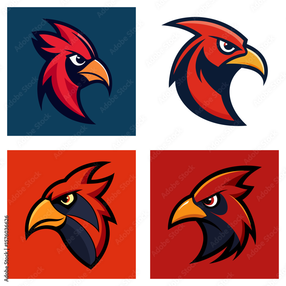 Poster four cardinal bird head logos displayed in a grid with different background colors and slight variat