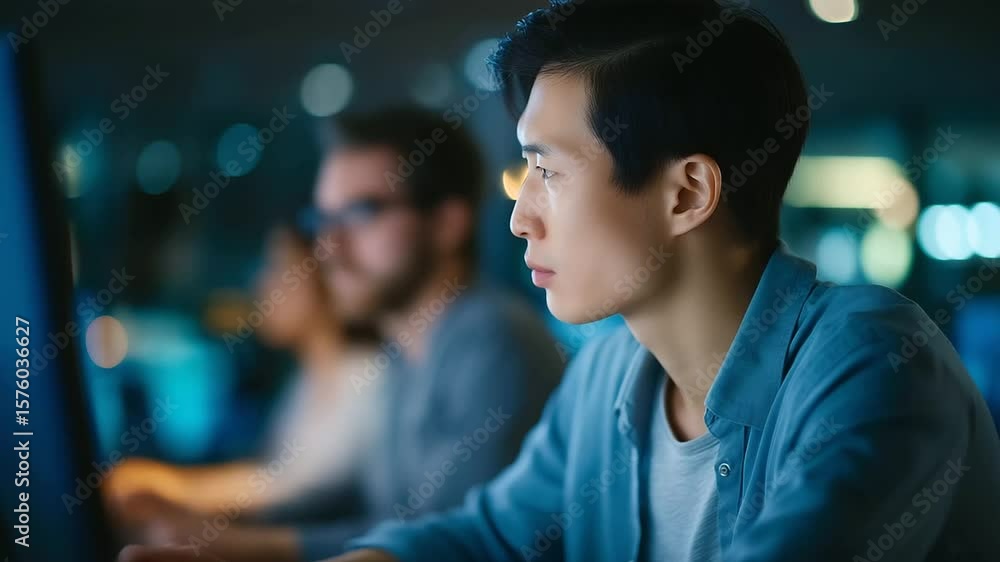 Poster software engineers working on ai projects in a sleek, modern office during late hours.