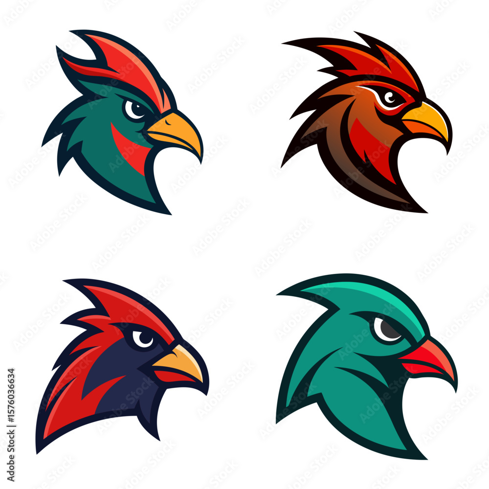 Poster collection of four stylized bird head illustrations in various color schemes and design styles
