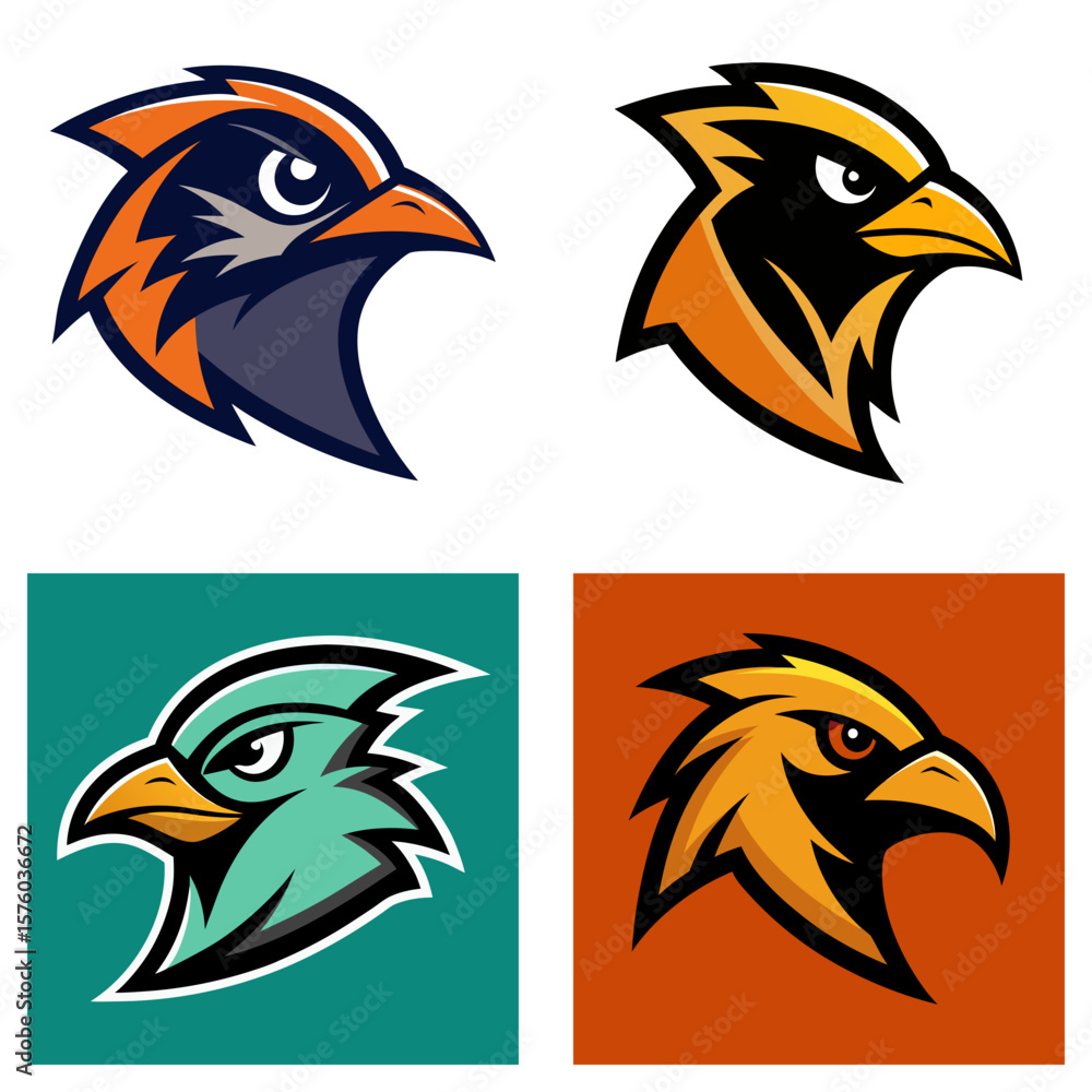 Aufkleber four stylized bird head logos in various color schemes with sharp features and bold outlines shown h