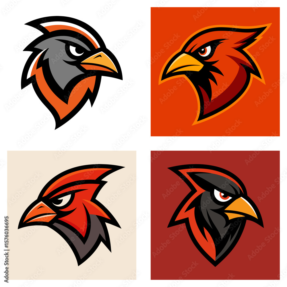 Poster four cardinal bird head logos with different color schemes on square backgrounds are displayed here