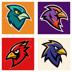 Obraz premium Four bird head logos in different colors with aggressive expressions and sharp features displayed