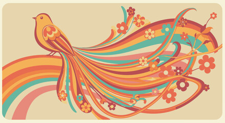 Vibrant psychedelic retro bird illustration for art and children's projects, nature themed designs