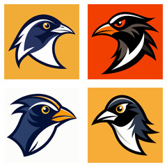 Obraz premium Four stylized bird head illustrations with varying color schemes and background colors shown
