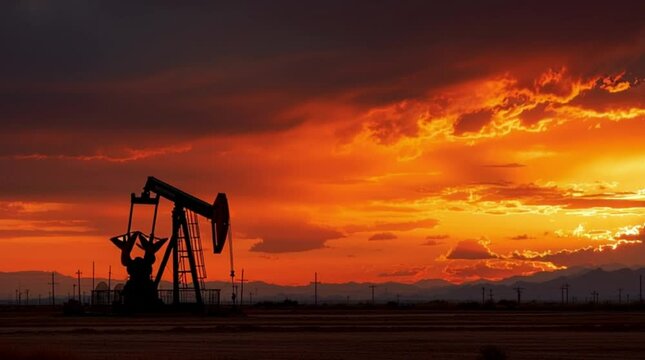 Oil pump silhouette at fiery sunset