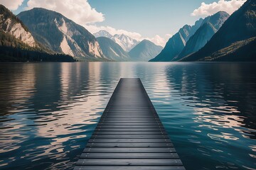 Wooden dock extending into a serene lake with majestic mountains in the background