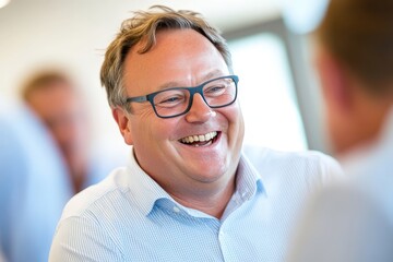 Middle age man with glasses smiling and laughing indoors