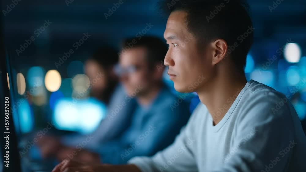 Aufkleber software engineers collaborate on ai challenges in a late-night innovation hub.
