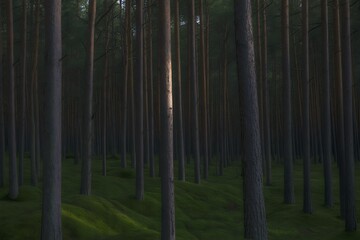 Sunbeam illuminates mossy ground in a dense pine forest