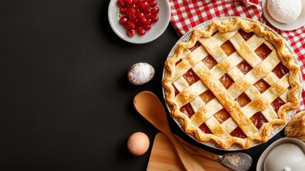 Delicious Golden Pie with Intricate Lattice Crust Freshly Baked at Home